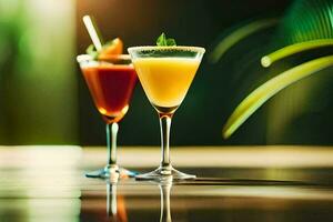 Due cocktail su un' tavolo con un' verde sfondo. ai-generato foto