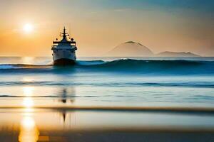 un' barca è andare in barca su il oceano a tramonto. ai-generato foto