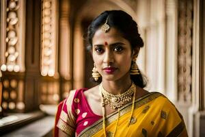 un' bellissimo indiano donna nel un' giallo sari. ai-generato foto