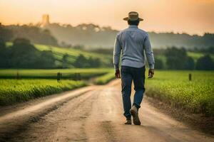 un' uomo nel un' cappello passeggiate giù un' sporco strada. ai-generato foto