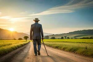 un' uomo nel un' completo da uomo passeggiate giù un' sporco strada. ai-generato foto