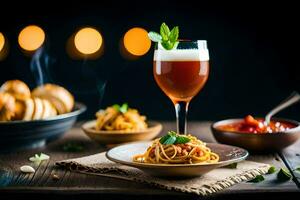 spaghetti e birra su un' di legno tavolo. ai-generato foto