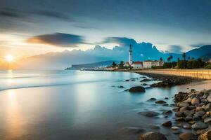 il sole sorge al di sopra di il oceano e un' faro nel il distanza. ai-generato foto