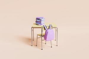 banco di scuola pieno di libri con zaino rosa appeso alla sedia foto
