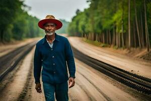 un' uomo indossare un' cappello passeggiate lungo un' Ferrovia traccia. ai-generato foto