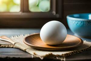 un uovo su un' di legno piatto con un' ciotola di acqua. ai-generato foto