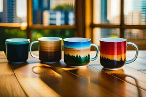 quattro caffè tazze con diverso disegni su loro. ai-generato foto