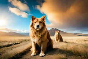 Due cani siamo in piedi nel il mezzo di un' campo. ai-generato foto