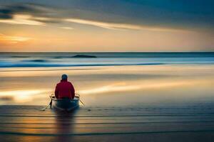 un' uomo nel un' canoa su il spiaggia a tramonto. ai-generato foto