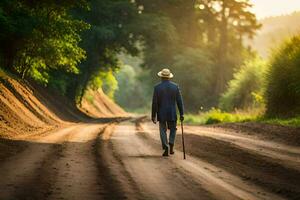 un' uomo nel un' completo da uomo e cappello a piedi giù un' sporco strada. ai-generato foto