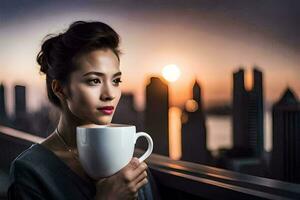 un' donna Tenere un' caffè tazza nel davanti di un' città orizzonte. ai-generato foto