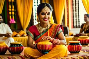 un' bellissimo indiano sposa nel tradizionale abbigliamento seduta su il pavimento con sua famiglia. ai-generato foto