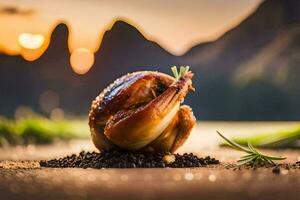 un' arrostito pollo su un' tavolo con un' montagna nel il sfondo. ai-generato foto