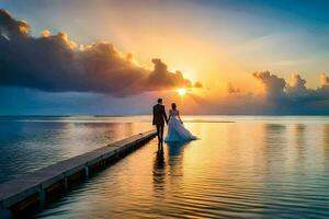 il sposa e sposo siamo in piedi su un' bacino a tramonto. ai-generato foto