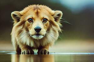 un' Leone è a piedi attraverso acqua. ai-generato foto