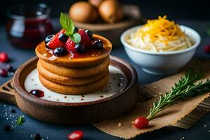 Pancakes con frutti di bosco e crema su un' di legno piatto. ai-generato foto