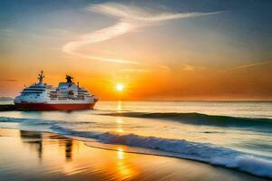 un' crociera nave su il spiaggia a tramonto. ai-generato foto