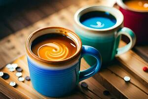 tre colorato caffè tazze con turbinii su superiore. ai-generato foto