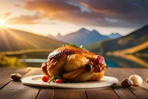 pollo su un' piatto con un' montagna Visualizza. ai-generato foto