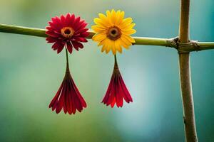 Due rosso e giallo fiori su un' ramo. ai-generato foto