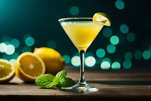 un' cocktail con Limone e menta su un' di legno tavolo. ai-generato foto