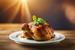 un' pollo su un' piatto con un' luminosa sole nel il sfondo. ai-generato foto