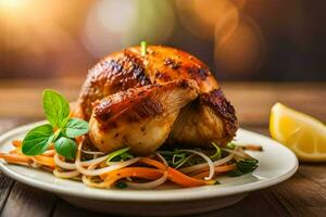 un' pollo con tagliatelle e carote su un' piatto. ai-generato foto