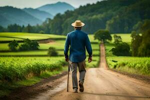 un' uomo nel un' cappello passeggiate giù un' sporco strada nel un' campo. ai-generato foto