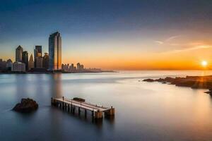 il sole sorge al di sopra di il città orizzonte nel dubai. ai-generato foto