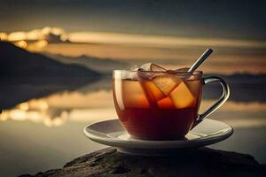 un' tazza di tè si siede su un' roccia con un' lago nel il sfondo. ai-generato foto
