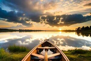 il barca è su il riva di un' lago a tramonto. ai-generato foto