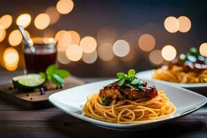 spaghetti con carne e salsa su un' piatto. ai-generato foto