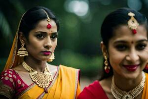 Due donne nel tradizionale sari con oro gioielleria. ai-generato foto