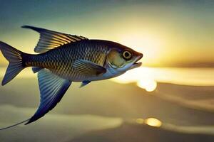 un' pesce è volante nel il aria a tramonto. ai-generato foto