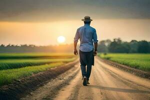 un' uomo a piedi giù un' sporco strada nel il mezzo di un' campo. ai-generato foto