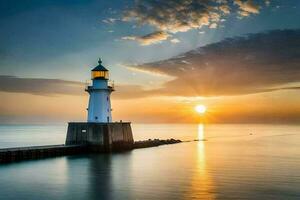 un' faro a tramonto con il sole nel il sfondo. ai-generato foto