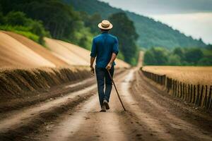 un' uomo a piedi giù un' sporco strada con un' canna. ai-generato foto