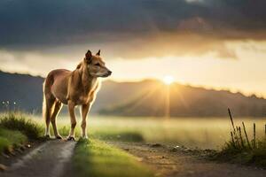 un' cavallo in piedi su un' sporco strada a tramonto. ai-generato foto