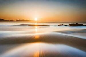 il sole sorge al di sopra di il oceano nel Questo lungo esposizione fotografia. ai-generato foto