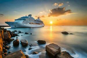 un' crociera nave nel il oceano a tramonto. ai-generato foto