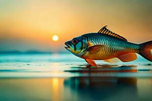 un' pesce è in piedi su il spiaggia a tramonto. ai-generato foto