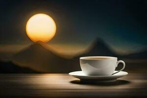 un' tazza di caffè su un' tavolo con montagne nel il sfondo. ai-generato foto