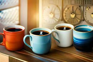 quattro caffè tazze con diverso colori su un' tavolo. ai-generato foto