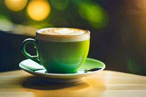 un' verde tazza di caffè su un' di legno tavolo. ai-generato foto