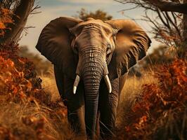 elefante a piedi attraverso cespugli nel il giungla ai generativo foto