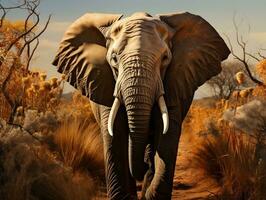 elefante a piedi attraverso cespugli nel il giungla ai generativo foto