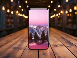 smartphone modello su legna scrivania con rosa cinematico illuminazione e isolato sfondo ai generativo foto