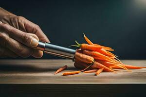 un' persona è taglio carote con un' coltello. ai-generato foto