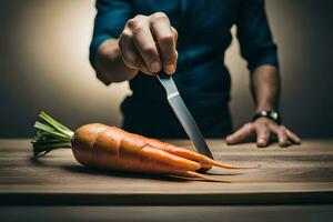 un' uomo taglio un' carota con un' coltello. ai-generato foto