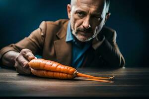 un' uomo è Tenere un' carota nel davanti di lui. ai-generato foto